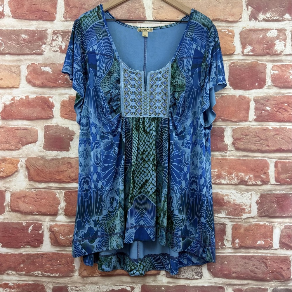 Energe World Wear Top Womens 3X Boho Abstract Snakeskin Embroidered Casual Shirt